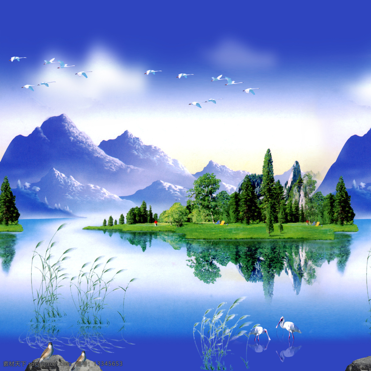山水画 山 水 风景画 移门 云 鸟 树 芦苇 自然景观 自然风光 设计图库