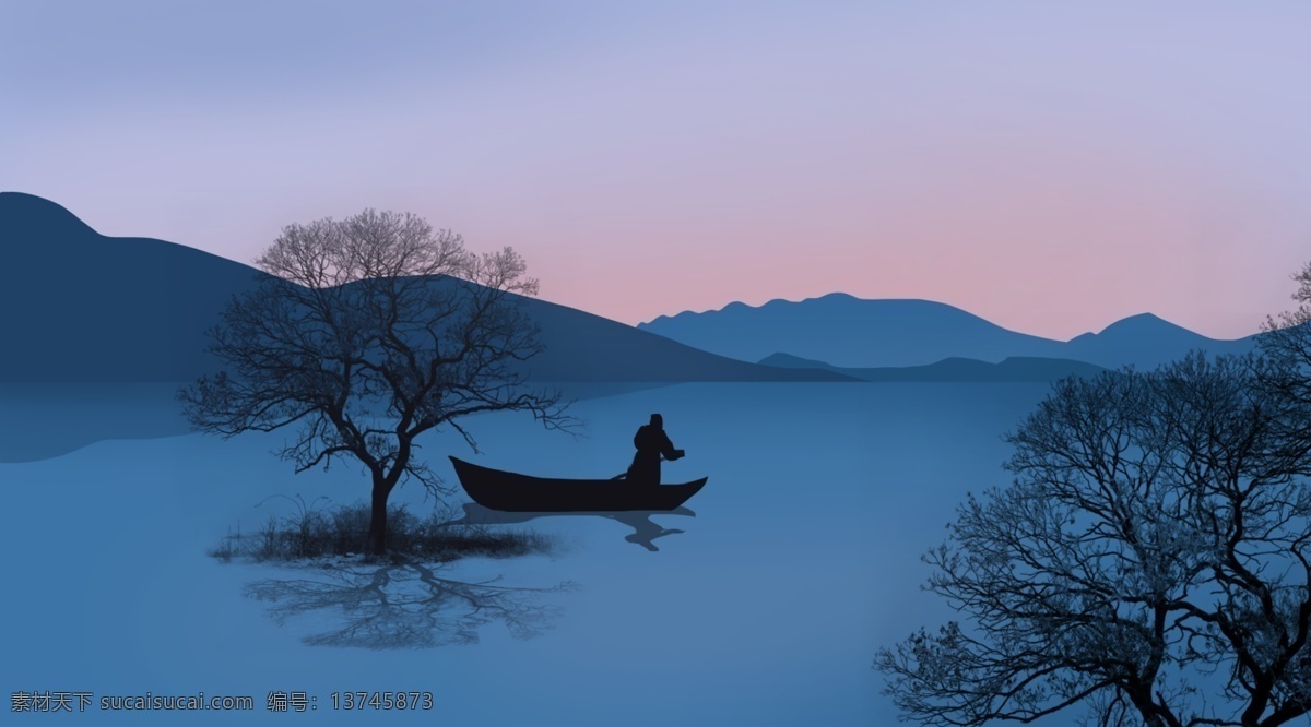 唯美 手绘 山水风景 插画 背景 河边风景背景 春天背景 温馨背景 唯美背景 山峰背景 意境插画背景