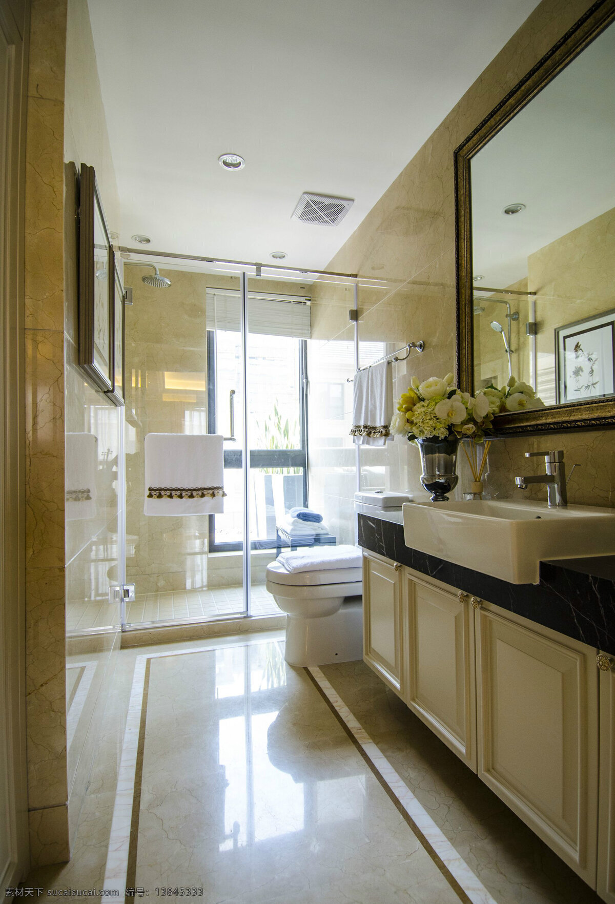 现代 简 欧 风格 浴室 玻璃 移门 装修 效果图 简欧风格 浴室装修 米黄色 装饰设计