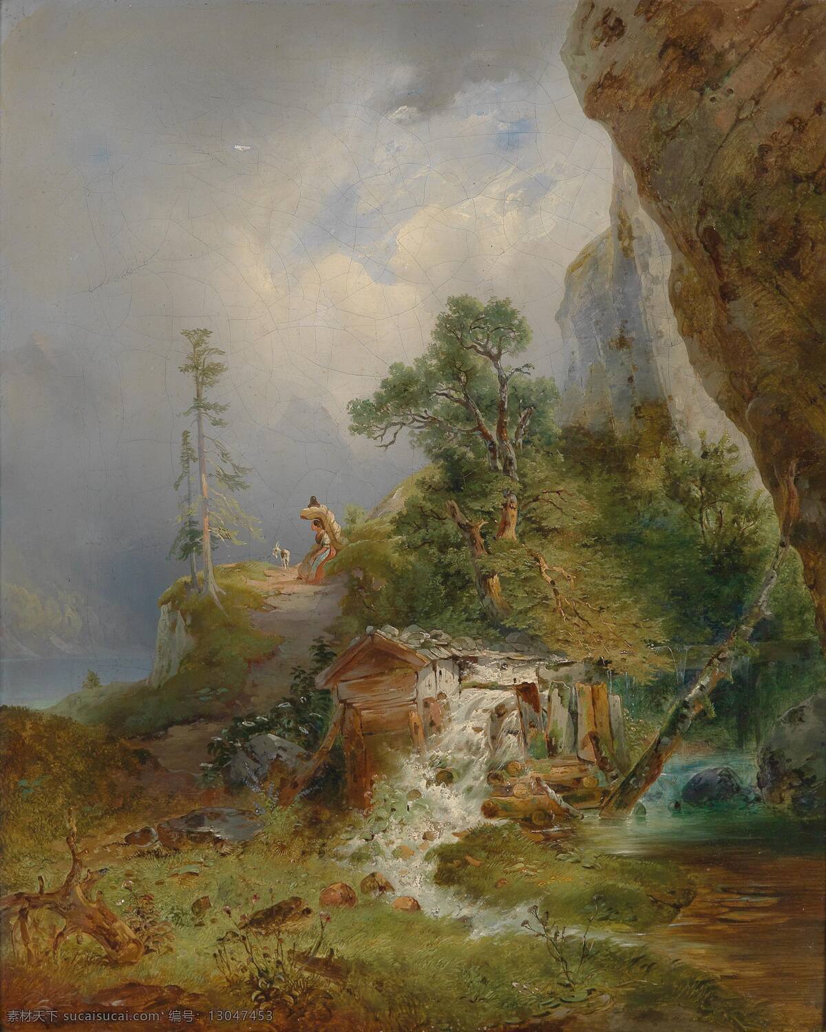小憩 自然景观 小溪 水流湍急 山坡上 一女子 休息 一只山羊 吃草 树木从生 百草丰茂 19世纪油画 油画 文化艺术 绘画书法