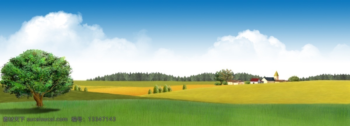 风景 油画风景 风景油画 油画 草地 树木 树林 金黄色 房子 屋子 村庄 蓝天白云 天空 山水画 大自然 分层 源文件