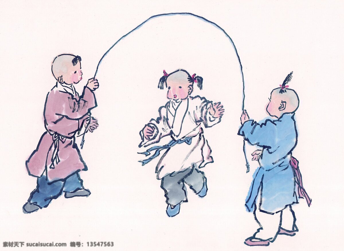 国画 儿童 孩子 跳绳 童子 小孩 中国国画 中国画 古代人物图 文化艺术