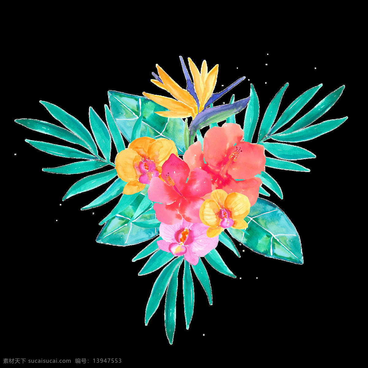 三角 花丛 卡通 透明 花叶 彩色 透明素材 免扣素材 装饰图案
