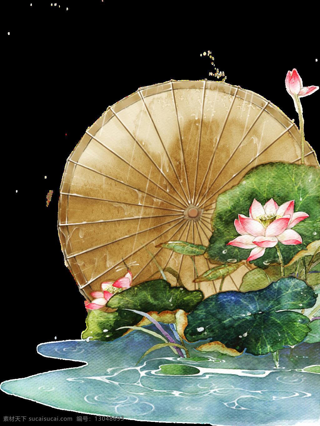 手绘 河边 景象 透明 装饰 png素材 河流 荷花 荷叶 免扣素材 水车 唯美