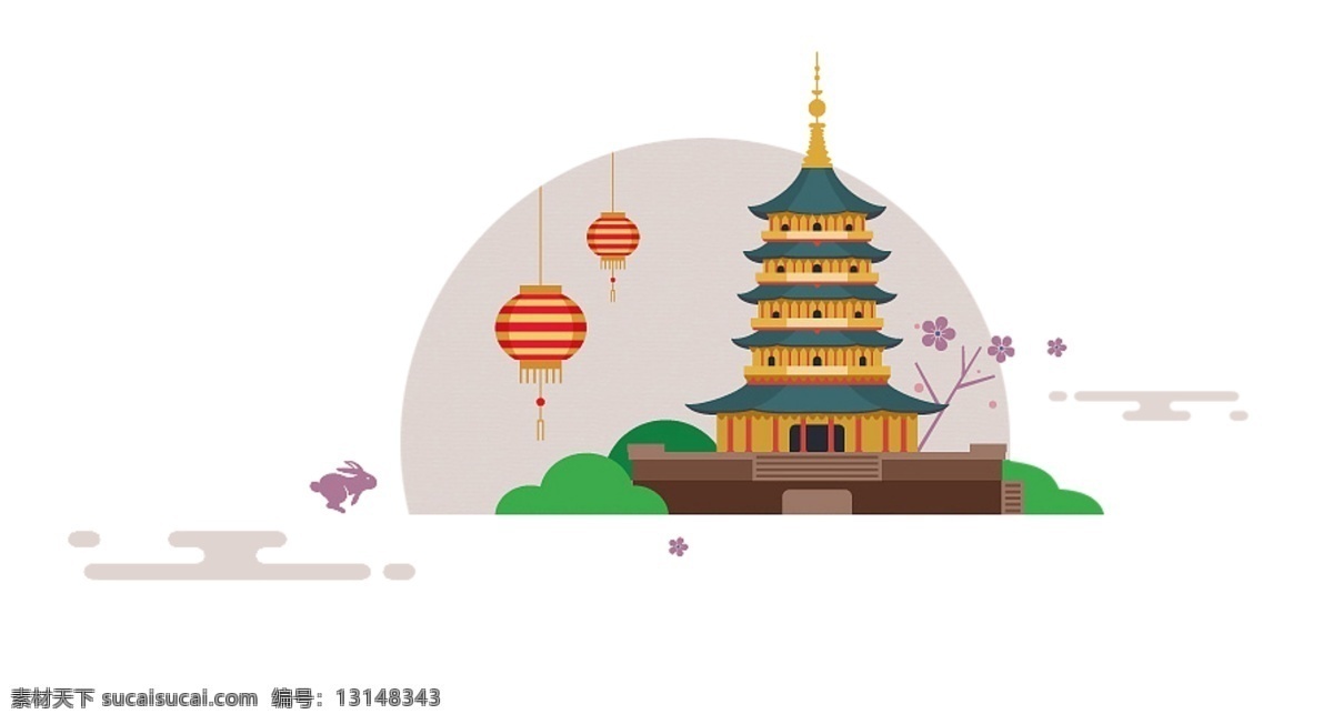 中国风元素 中秋节元素 中秋手绘兔子 灯笼 草地 塔 梅花