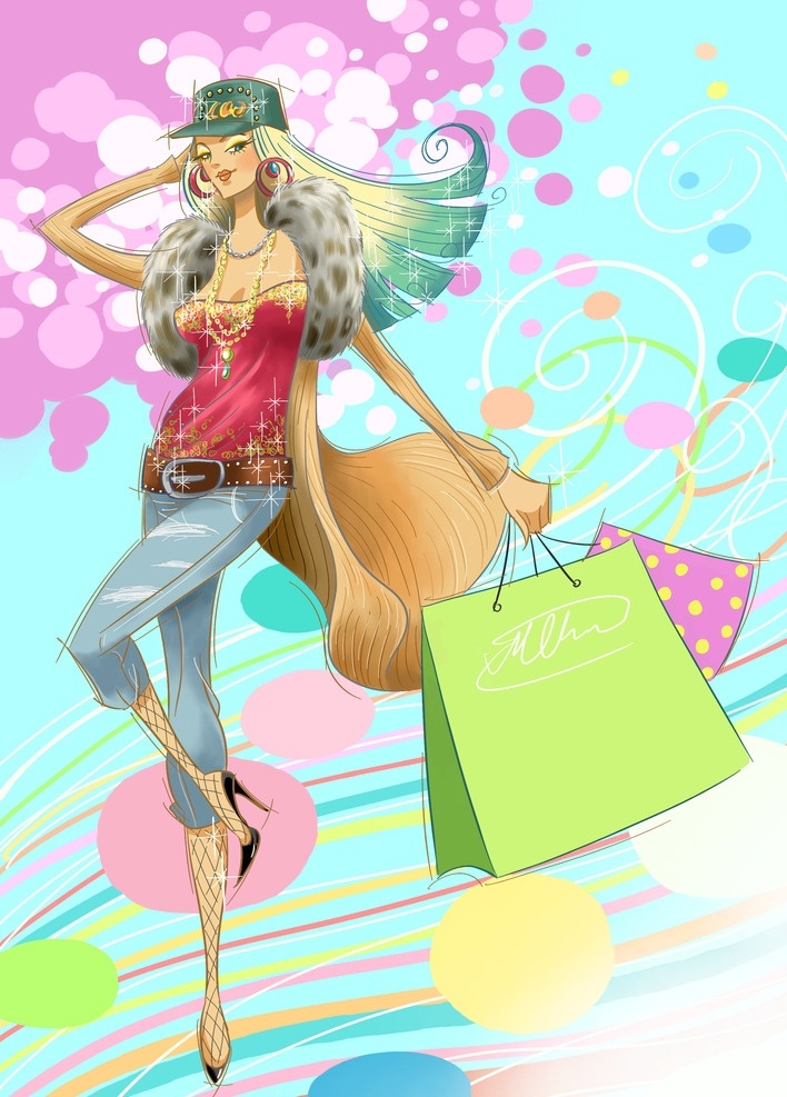 购物 女性 模板 购物袋 潮流花纹 购物女郎 插画图片 时尚购物女性 分层