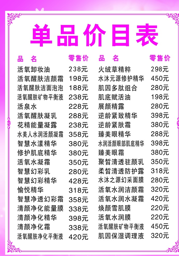 粉色 边框 价格表 美容 价目表 粉色背景 美容价格表 护肤品价格表 清新背景 底纹边框 边框相框