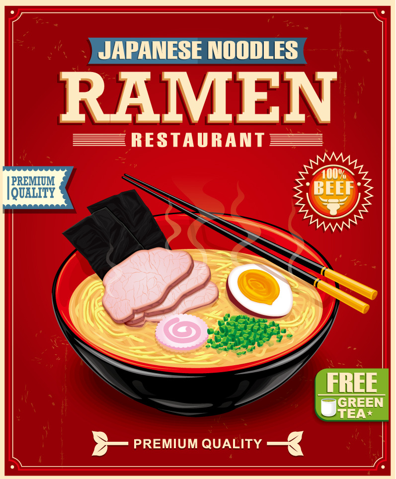 创意 日式 拉 面馆 海报 矢量 拉面 午餐肉 海苔 鸡蛋 餐馆 餐饮 日本料理 矢量图 红色