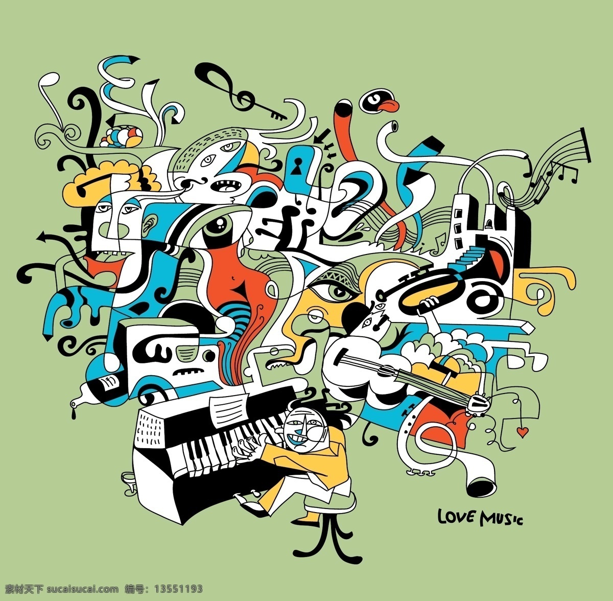 创意 抽象 音乐 插画 卡通插画 吉他 钢琴 音乐背景 音乐主题 音乐海报 影音娱乐 生活百科 矢量素材 绿色