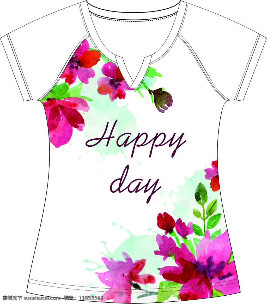 服装 家居服 款式图 印花 白色