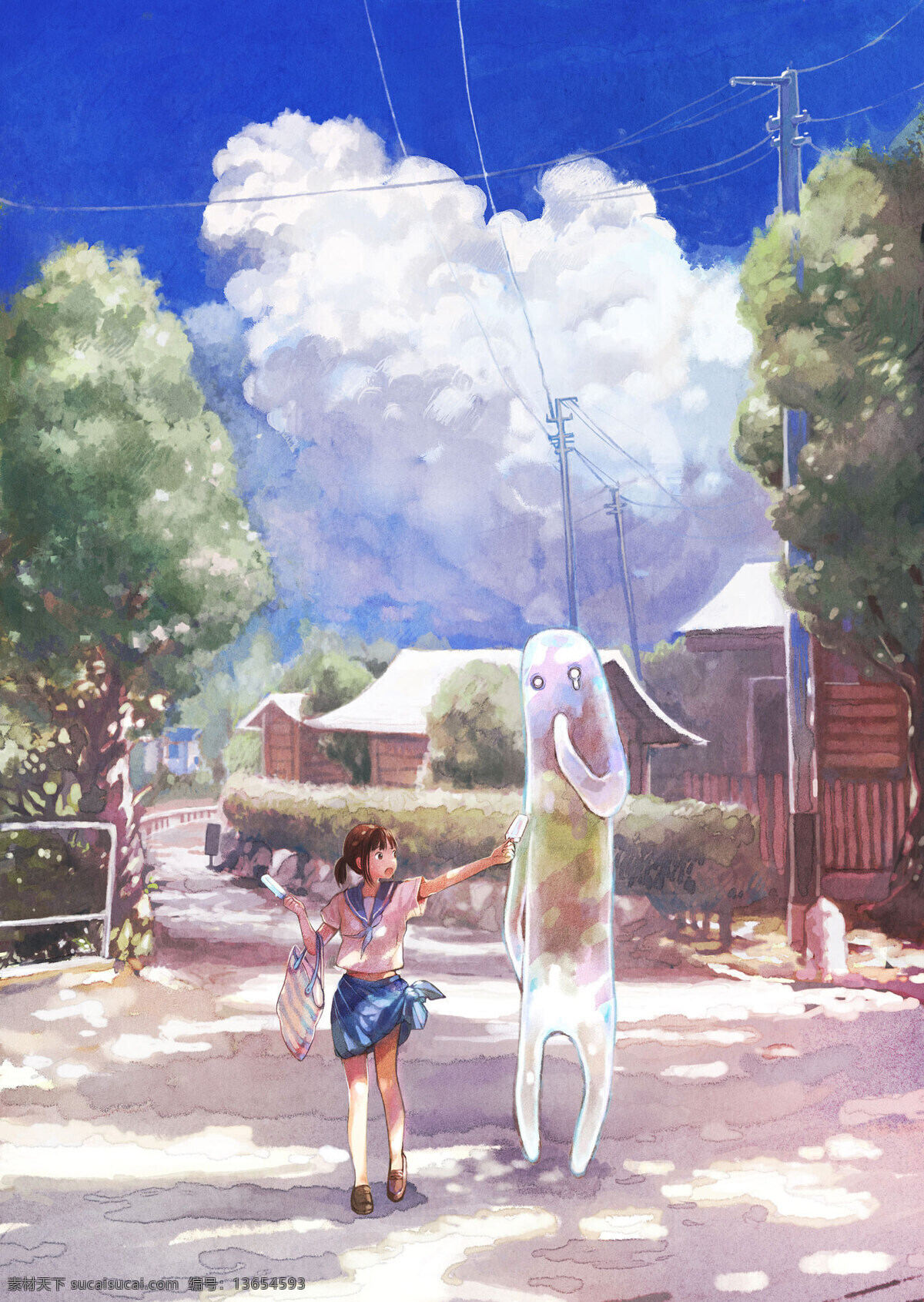 天空下的女孩 女孩 透明人 天空 云朵 白色
