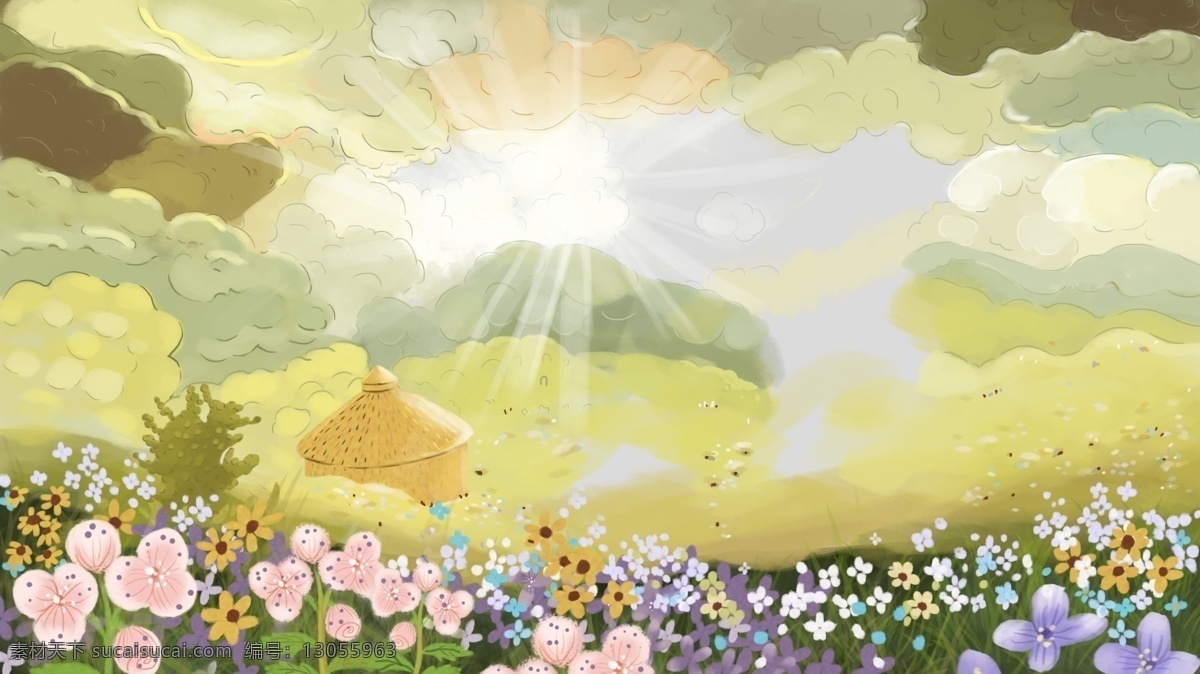 彩绘 山上 花丛 阳光 背景 春天 春季 花开遍地 广告背景 彩绘背景 促销背景 背景展板图