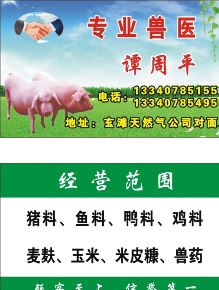 专业兽医 猪料 鱼料 鸭料 鸡料 麦麸 玉米 米皮糠 兽药 名片卡片