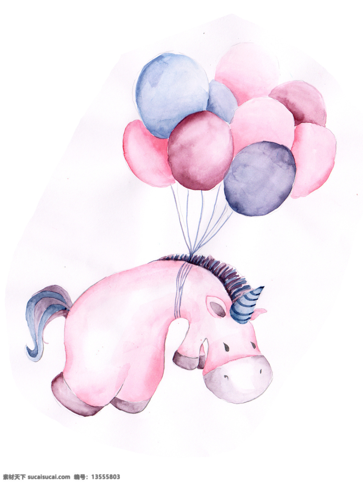 河马 水彩手绘 气球 动物 卡通 插画 可爱 动漫动画