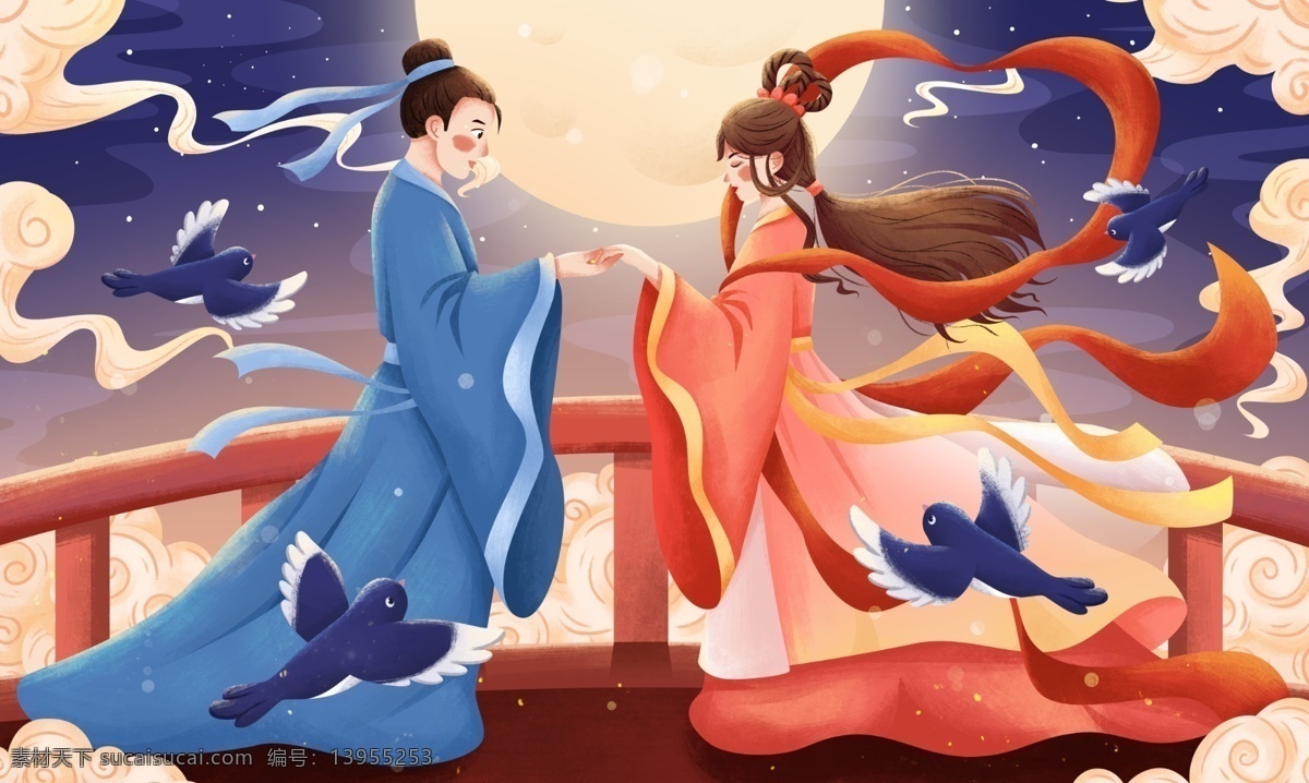 七夕 人物 插画 复古 背景 海报 素材图片 清新 类