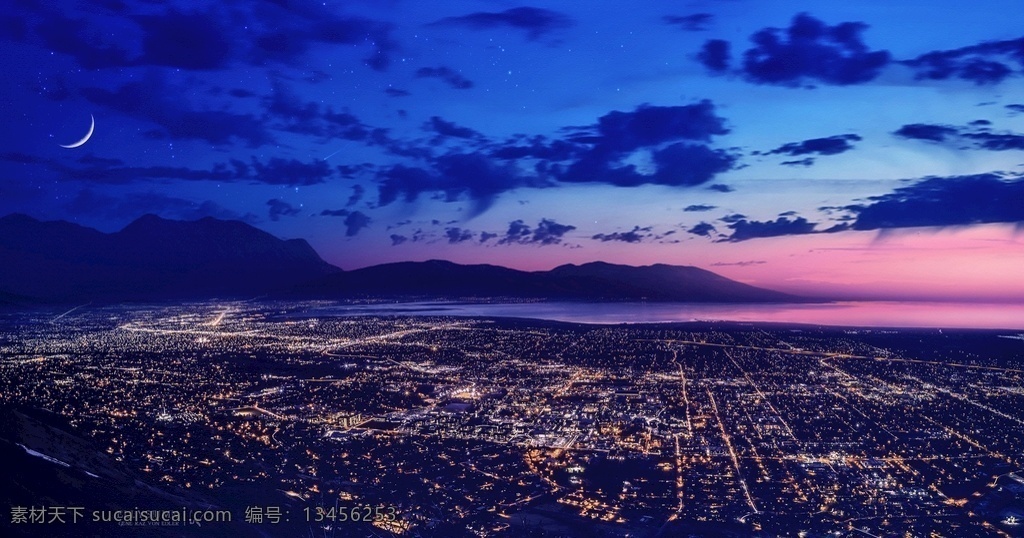 天空 俯瞰 城市 夜景 城市夜景 城市俯瞰 城市灯光 星光 月色 夜色 海边 街道 山水 晚霞 远景 4k 高清 大尺寸 海报背景 自然景观 自然风景