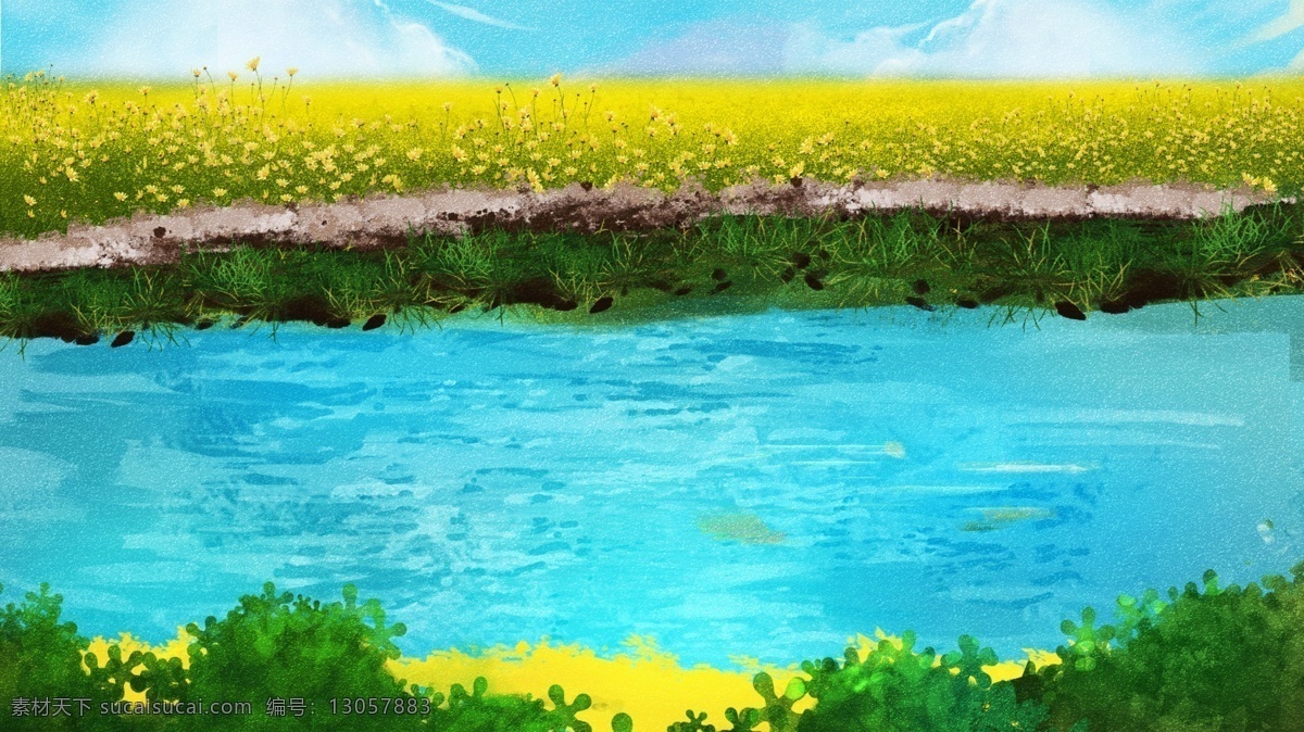 唯美 绿色植物 河边 风景 插画 背景 绿色背景 插画背景 植物背景 草地背景 绿地背景 蓝天白云