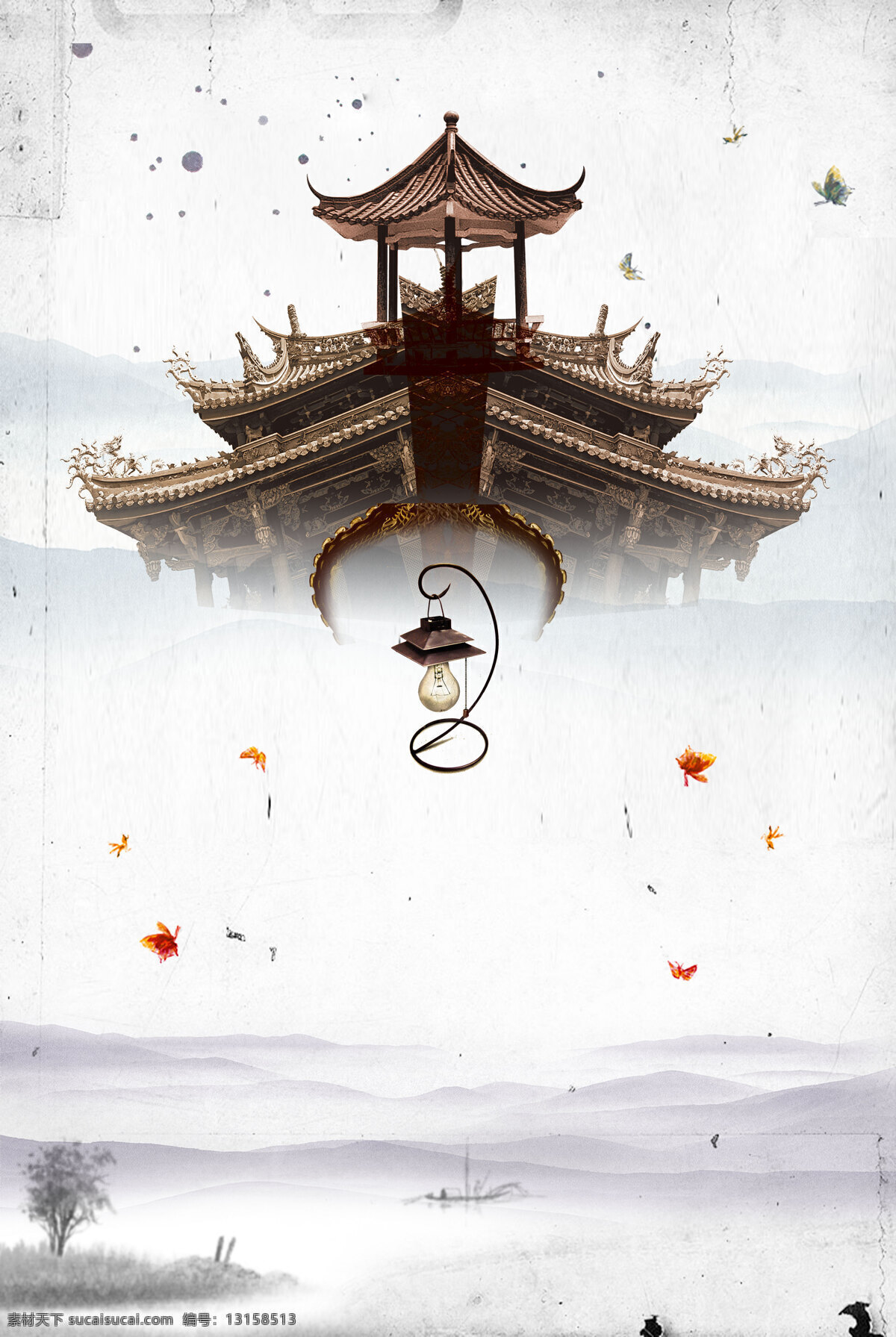 中国 风 复古 建筑 背景 中国风 水墨画 山水 广告