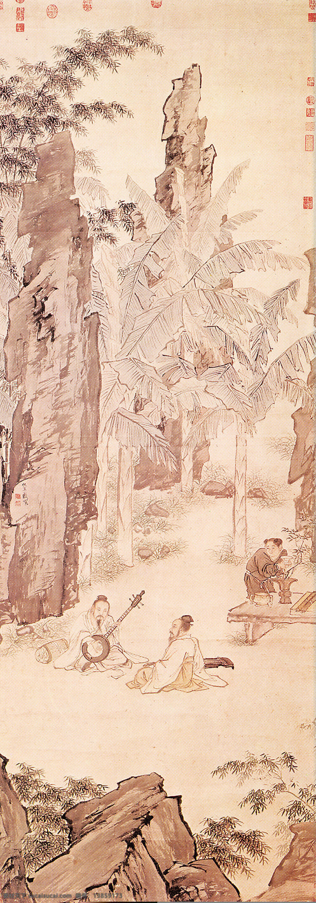 林间 抚琴 水墨 古画 女童 山水古画 水墨画 弹奏 原创设计 原创网页设计