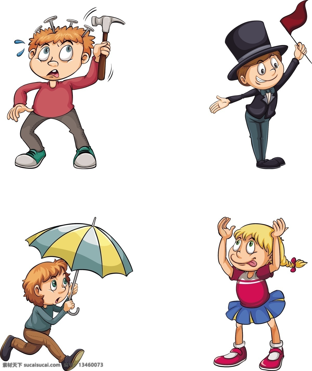 人物 卡通 矢量图 学生 小学生 女孩 男孩 打伞 表演 锤子 调皮 矢量卡通 动漫动画 动漫人物
