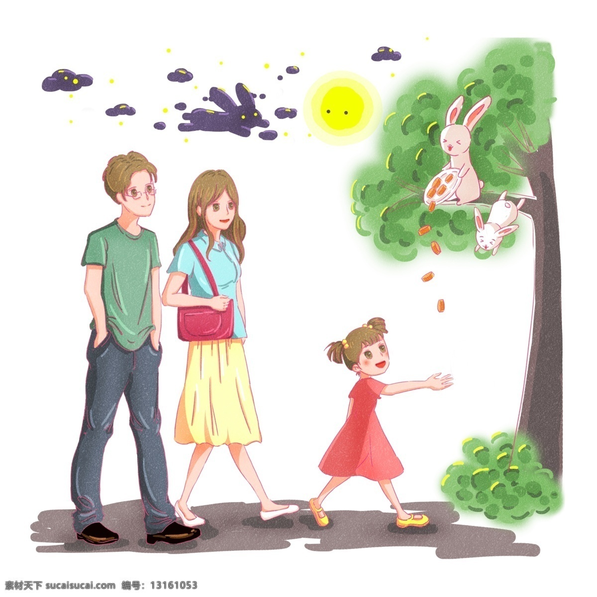 中秋节 一家 三口 出门 赏月 商用 元素 兔子 一家人 月饼 玉兔 一家三口 阖家团圆 幸福 传统节日 原创