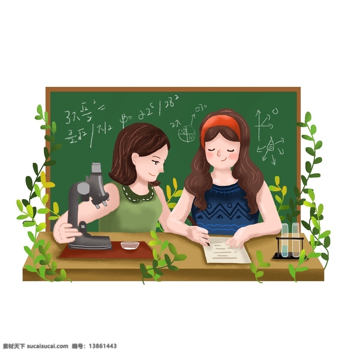 女孩 做 题 化学 考试 答题 场景 插画 写字 黑板 做题 化学考试 显微镜 烧杯
