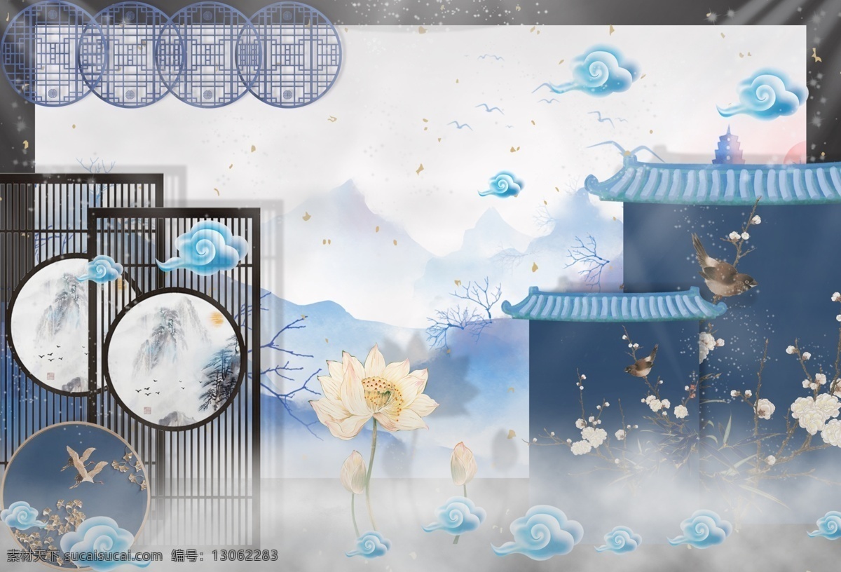 蓝色 素雅 i 江南 水墨 婚礼 效果图 屏风 屋檐 云朵 爱情 浪漫 淡雅 中式