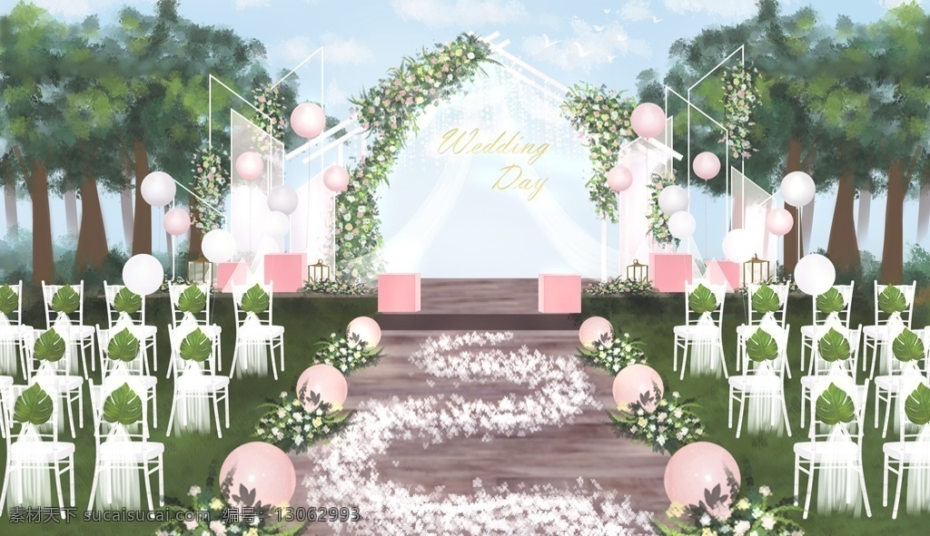 户外婚礼图片 白粉绿色系 户外 仪式区 小清新 简约 环境设计 效果图