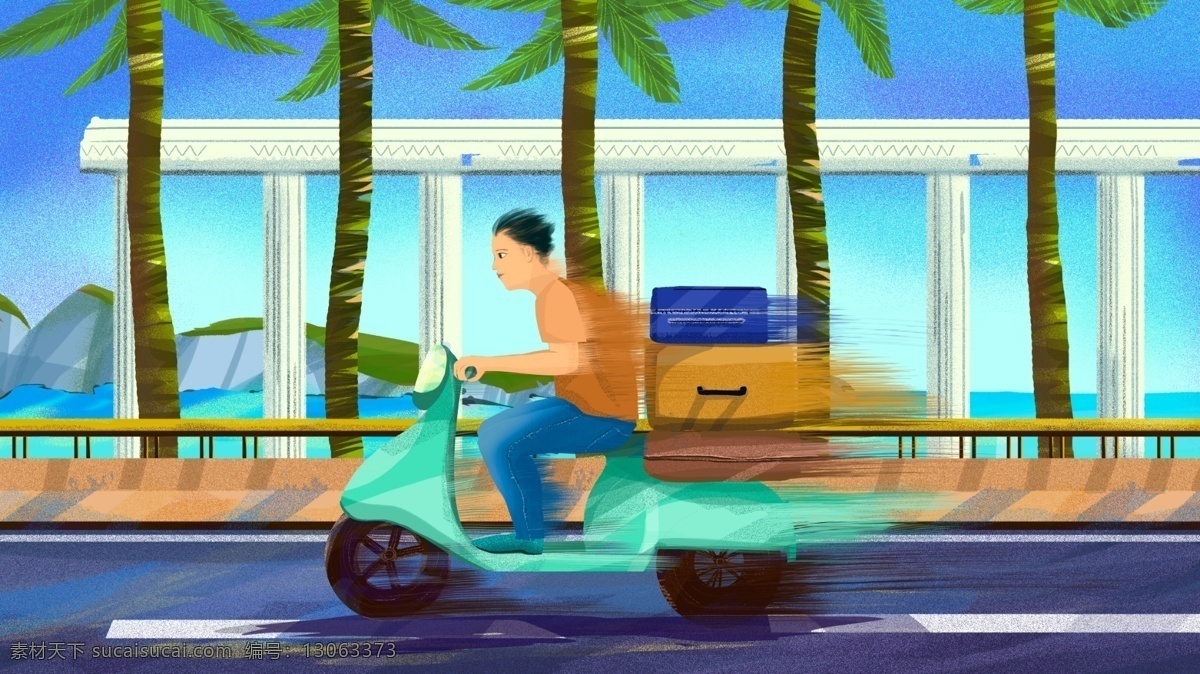 假日 清晨 路途 中 海边 公路 椰子树 壁纸 宣传 原创 商业插画 追赶 骑电动车 小摩托 远山 手机用图 海报
