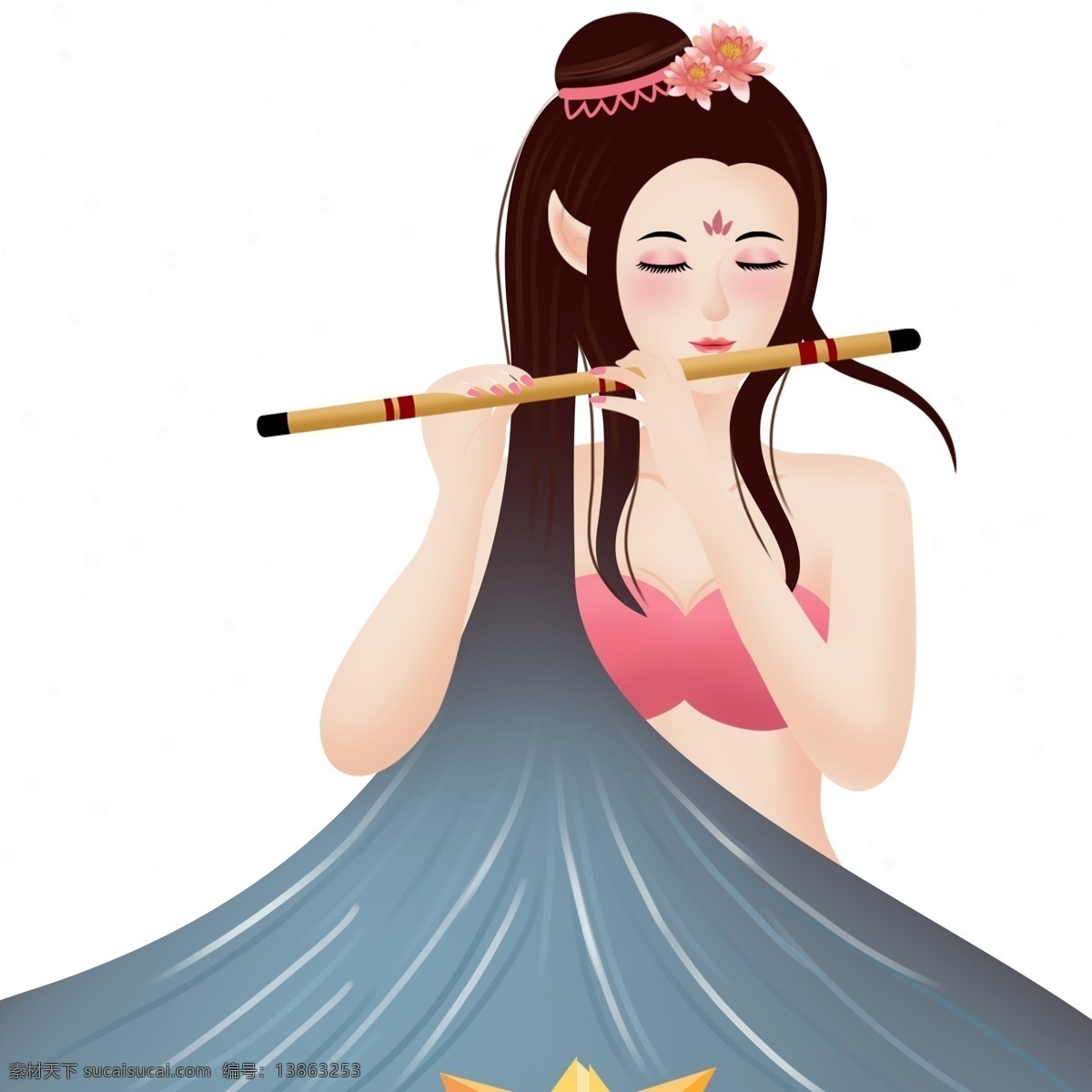 古风 优美 吹 笛子 美女 人物 手绘 中国风 插画 吹笛子 女子 乐器 文艺少女