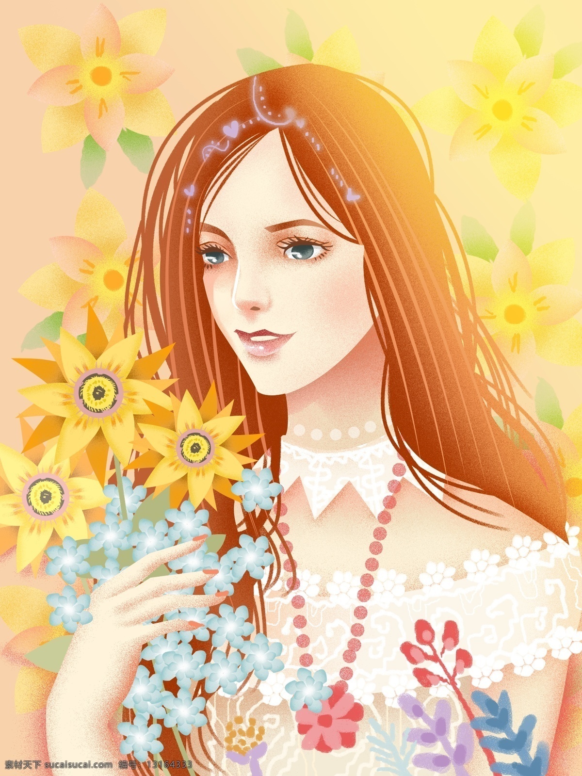 花束 女孩 小 清新 插画 鲜花 植物 人物