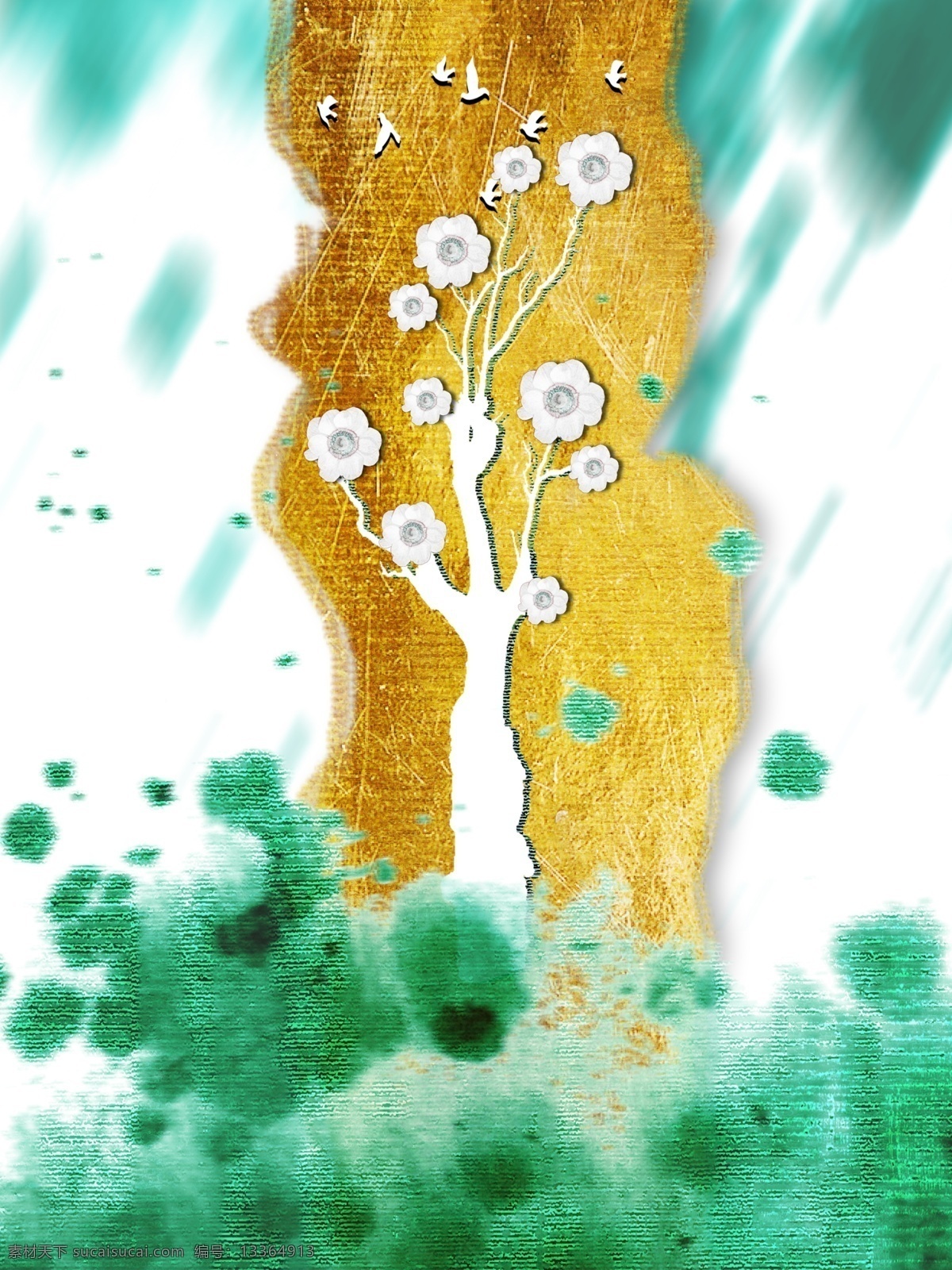 现代 简约 立体 白色 花朵 客厅 装饰画 一联画 金色宽线条 白色飞鸟 蓝绿色泼墨 客厅装饰画