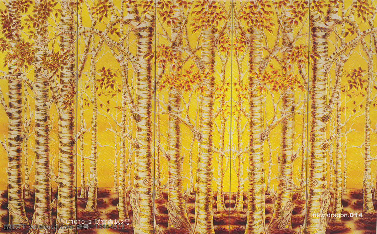 艺术玻璃 白桦树 金色树 枫叶 背景 传统文化 文化艺术