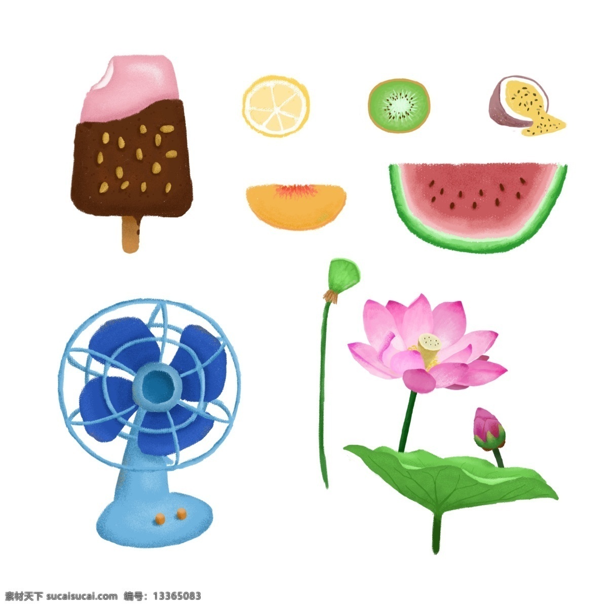 二十四节气 夏至 元素 荷花 清新 插画 夏天 冰棍 水果 风扇 巧克力冰棍 冰棒 柠檬 猕猴桃 日系 小清新 西瓜 黄桃 百香果 夏日 荷叶 植物 电器 莲蓬 节气 夏季 单品 小物品 手绘