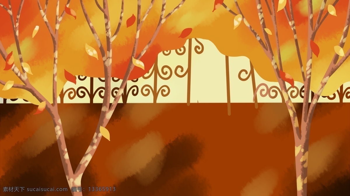 秋天 落叶 风景 质感 插画 背景 手绘背景 森系背景 插画背景 植物背景 树林背景 治愈系背景