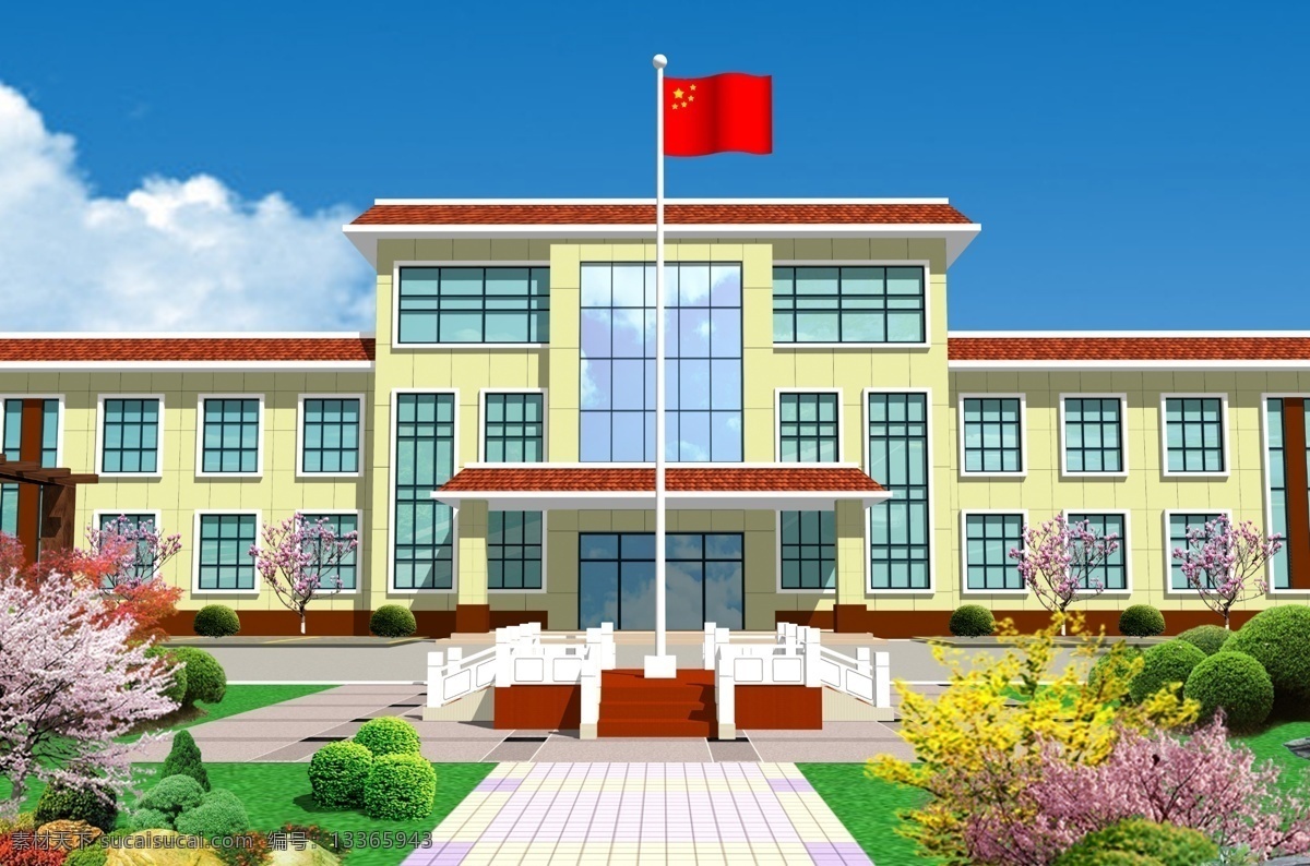 办公楼效果图 绿化 长亭 花草 花坛 乡村 广场 分层 办公楼 旗台 效果图