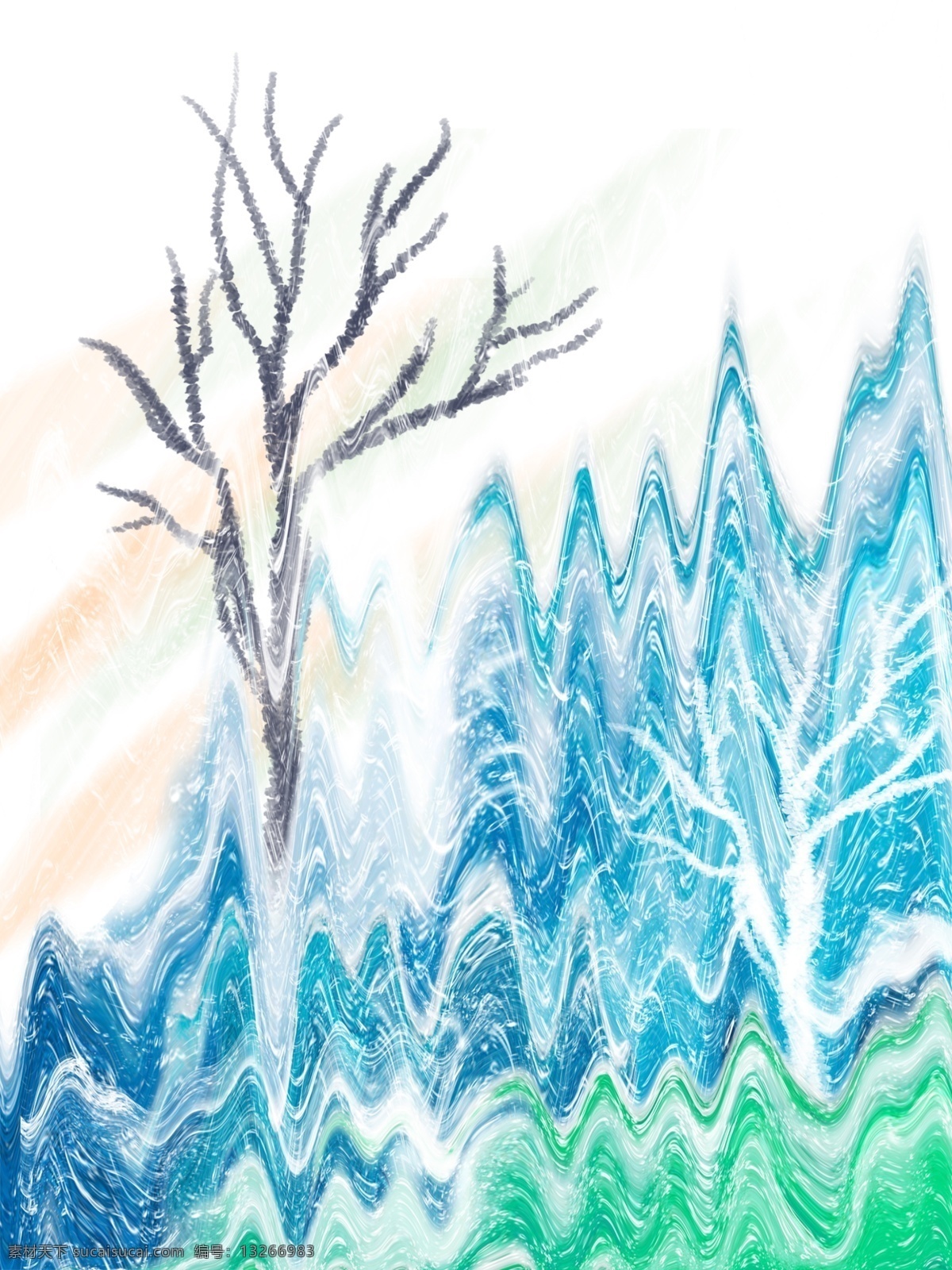 现代 简约 蓝色 抽象 波浪 山峰 客厅 装饰画 一联画 手绘树 波浪山 抽象波浪 客厅装饰画