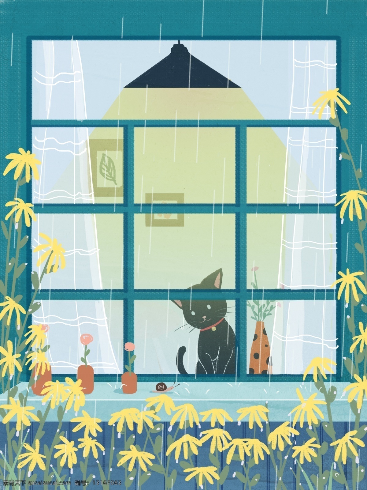 手绘 小 清新 治愈 系 雨天 窗口 猫 插画 小清新 花卉 下雨 窗子 治愈壁纸 手绘风