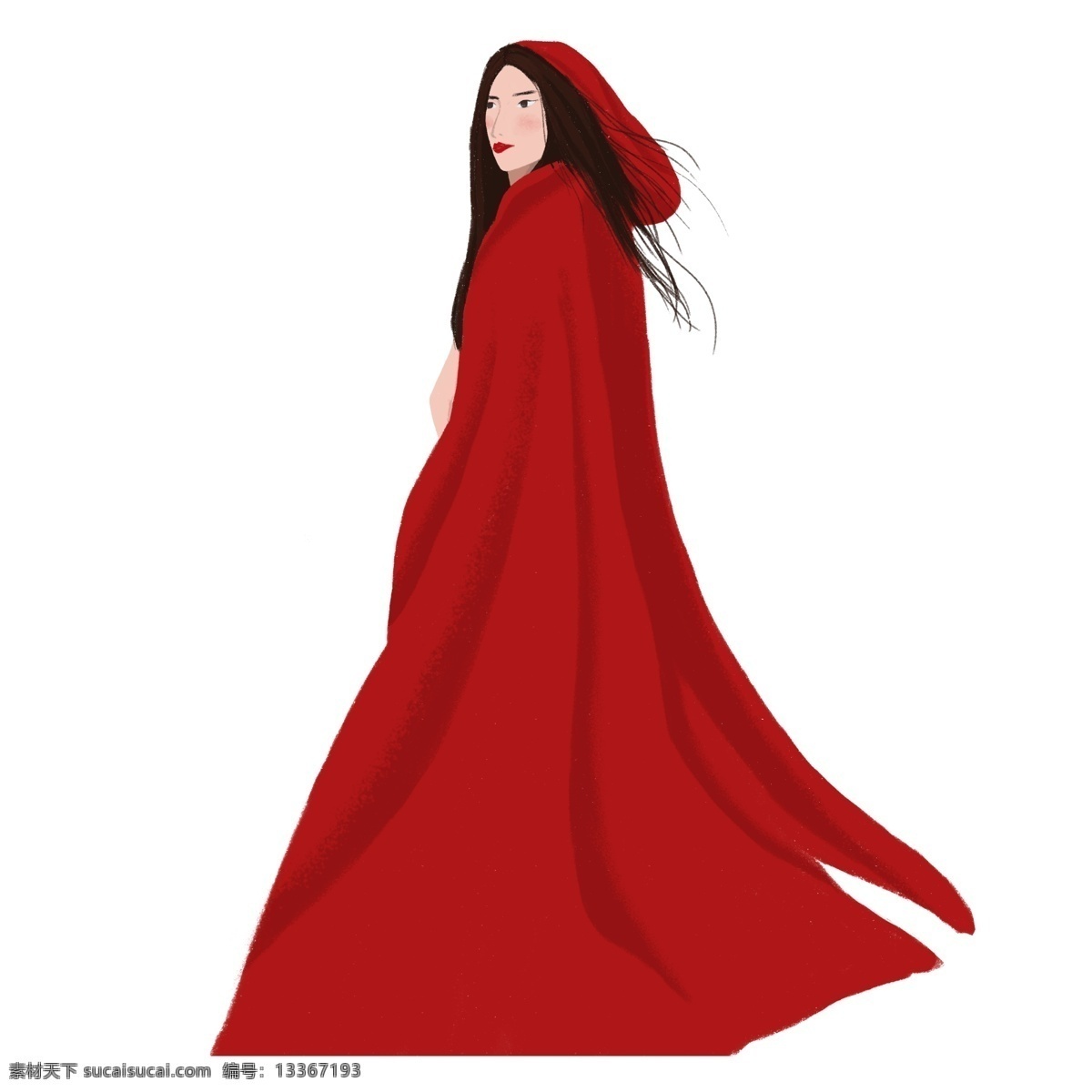 手绘 长发 红衣 美女 女人 大披风 时尚 女孩 红衣女人 红衣美女 女性 女神 红衣少女 红色