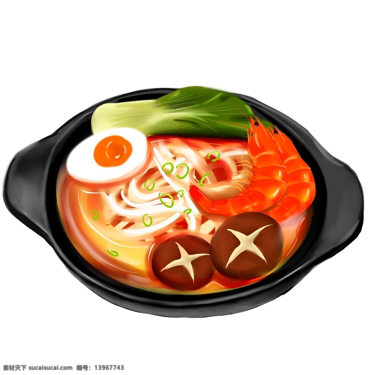 手绘 日式 拉面 美食 食物 蘑菇 鸡蛋 青菜