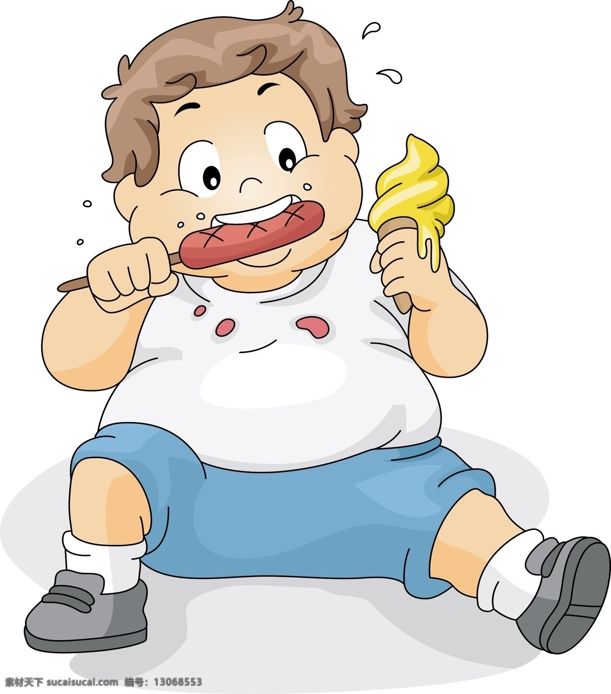 坐 吃 胖 儿童 插画 卡通画 人物 坐着吃 小孩 男孩 胖儿童 日常生活 矢量人物 矢量素材