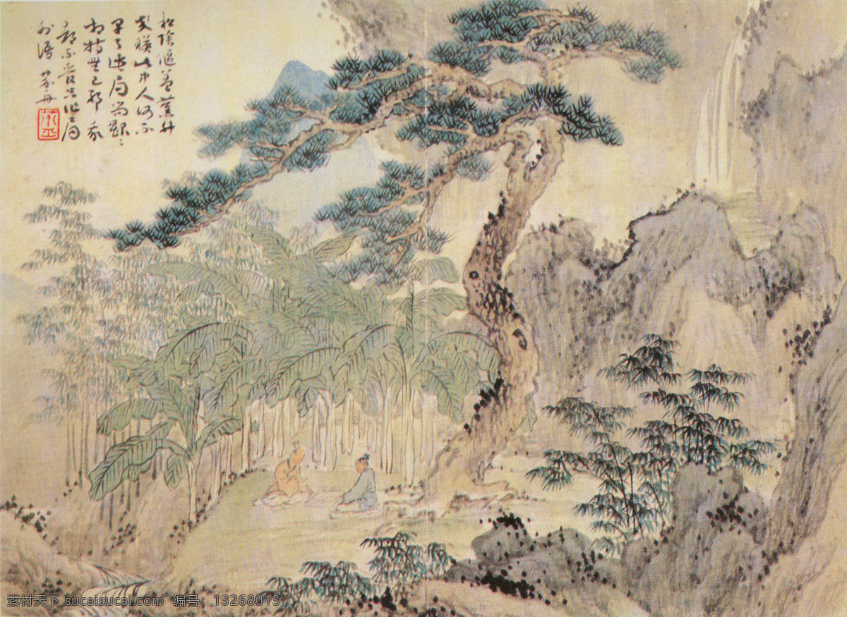 古字画3 古字画 艺术 青松 树木 山脉 两位老者 下棋 题词 文化艺术 绘画书法 设计图库