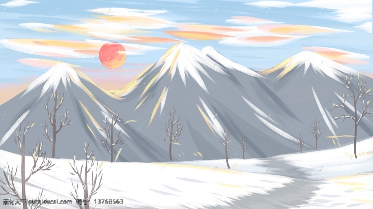 冬季 雪山 夕阳 背景 蓝天 雪景 背景素材 小清新 彩绘 高山 雪地 下雪 色彩背景 通用背景 广告背景 水彩背景