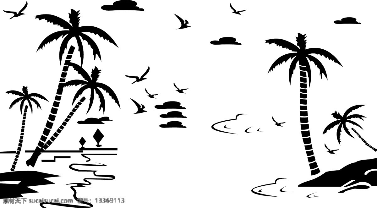 海边 海鸟 海鸥 椰树刻画 刻画 艺术背景