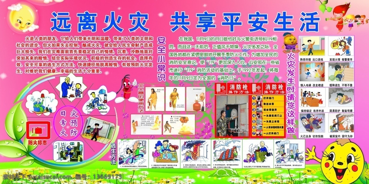 远离火灾 共享平安生活 幼儿园展板 学校展板 日常火灾预防 叶子边框 卡通娃娃 粉色背景 灭火器的使用 灭火器 火灾逃生方法 防火标志 安全小常识 幼儿园 安全 展板 背景素材 分层 源文件
