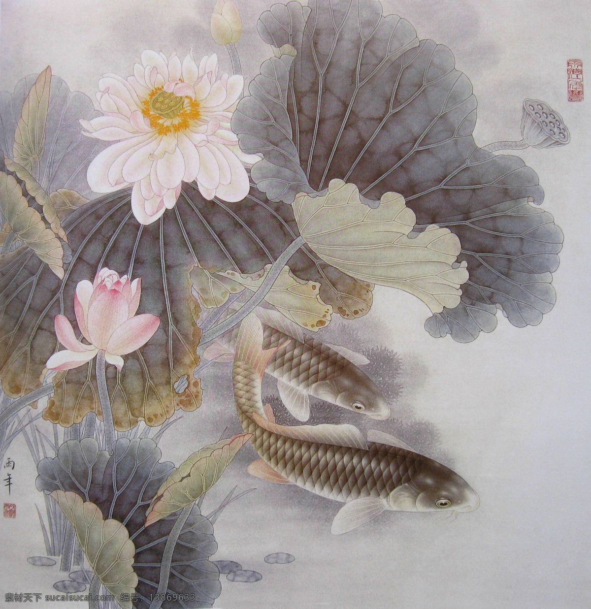 工笔荷花 工笔画 国画 中国画 工笔彩墨画 彩墨工笔画 大师作品 风景画 荷花 植物 荷叶 池塘 鲤鱼 动物 莲藕 绘画书法 文化艺术