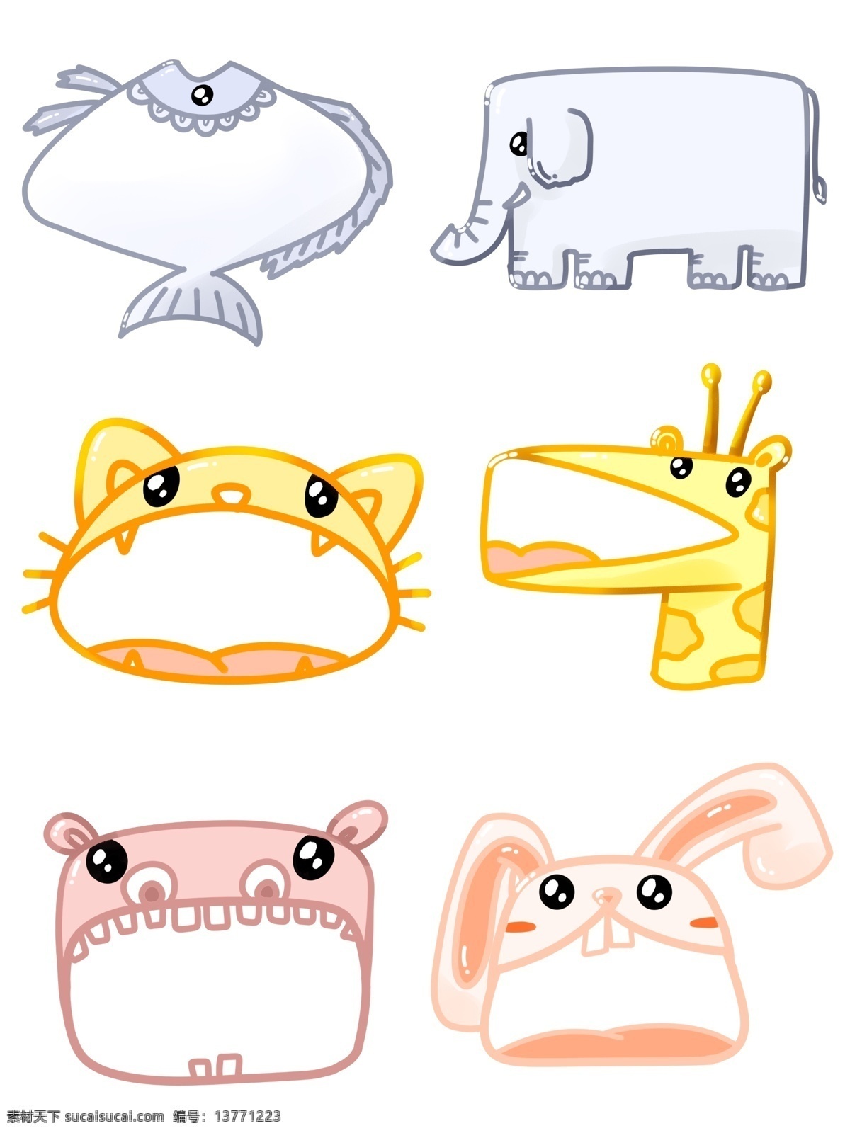 商用 手绘 动物 猫 卡通 兔子 爆炸 气泡 对话框 可爱 手绘动物 鱼 大象 长颈鹿 河马 爆炸云 海报素材 元素