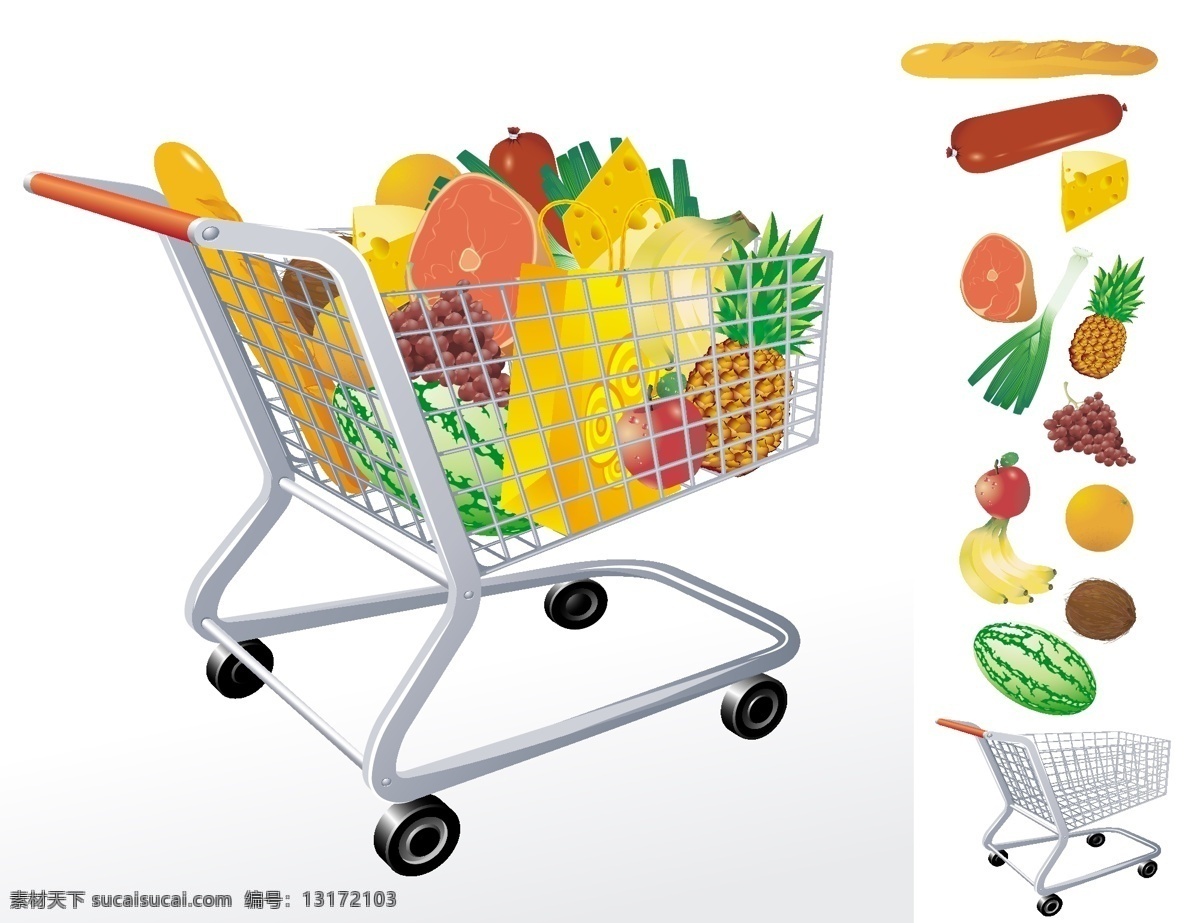 矢量 超市 手推车 面包 生鲜超市 蔬菜 水果 商品购物车 相关 矢量图