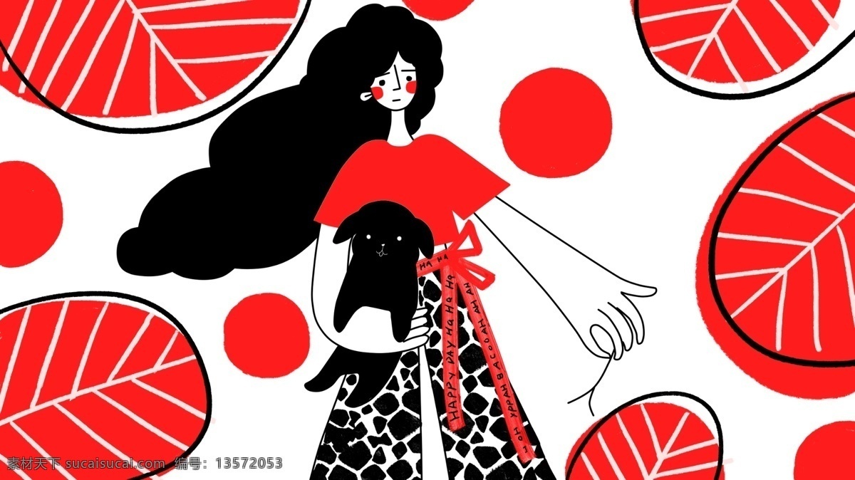 简约 红色 大 色块 搞 怪 风 好奇 女孩 抱 狗 小清新 可爱 壁纸 包装 大色块 抱着狗的女孩 撞色 搞怪风 好奇女孩 背景 配图 卡通印花图案