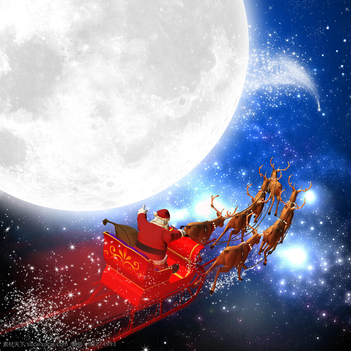 圣诞 圣诞老人 雪橇 月亮 天空 卡通 麋鹿 雪鹿 雪车 星光 地球 雪花 圣诞树 星星 圣诞背景 圣诞节 圣诞快乐 节日庆祝 文化艺术